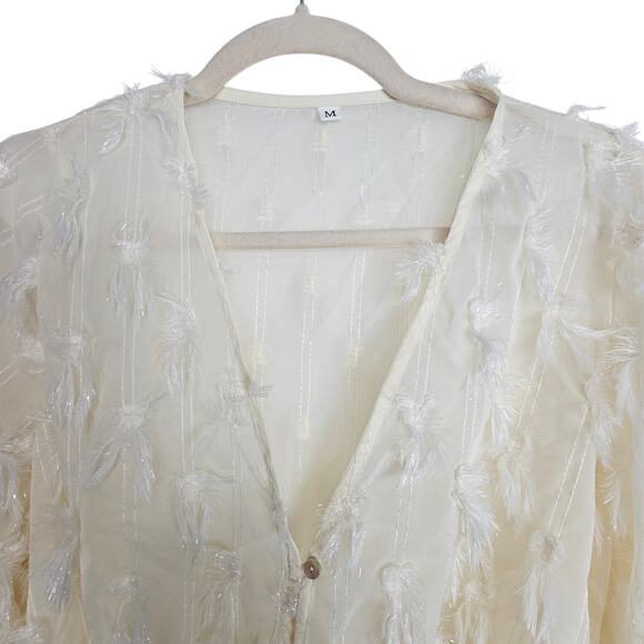 Boho Fringe Overlay Chiffon Crop Blouse Hippie Festival Sheer Button Sz M Cream - Picture 3 of 11